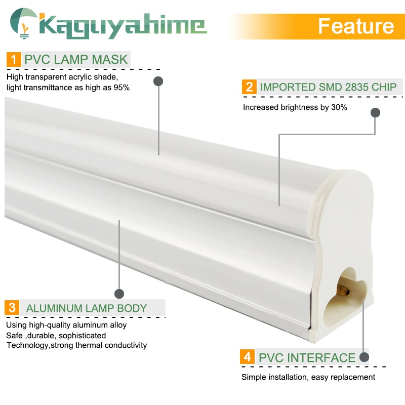 Kaguyahime LED Tube T8 T5 Integrated 6W 10W 220V/110V Fluorescent Tube LED T5 Light Tube Lamp Lighting 30cm 60cm Warm White Cold