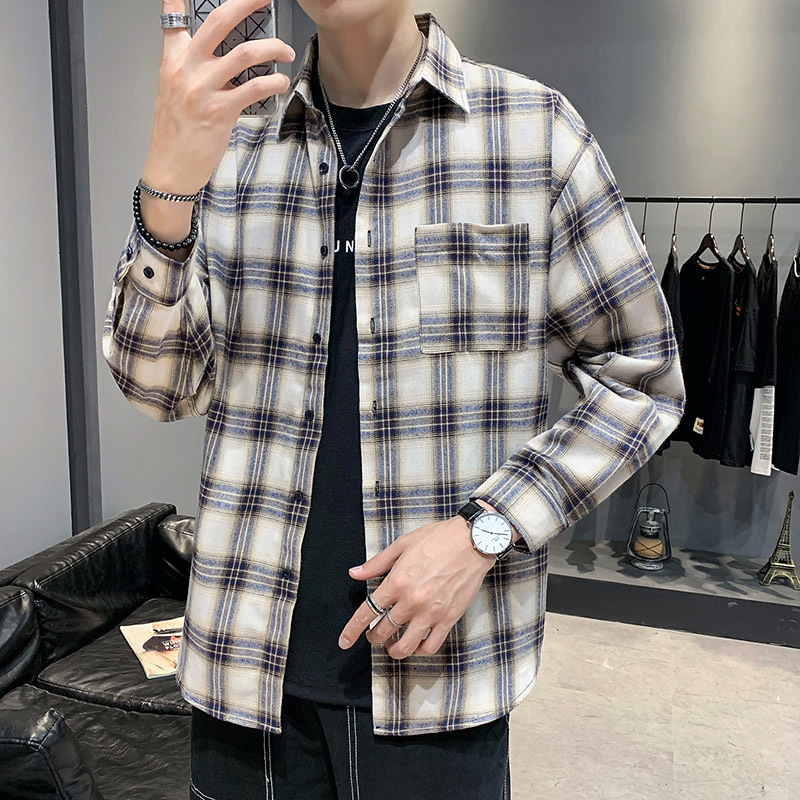 Vår og høst ungdom gutter rutete jakke langermet herre fritidsstudentskjorte gul/khaki m -5xl: Khaki / L