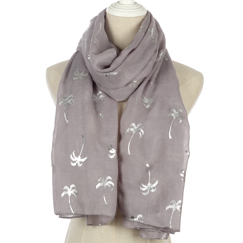 FOXMOTHER Spring Summer White Grey Navy Coconut Tree Shiny Silver Foil Scarf Glitter For Womens
