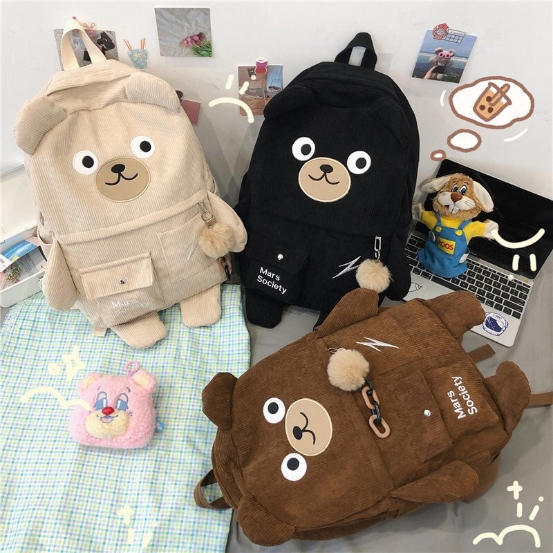Japansk corduroy bear ryggsekker for søte kvinner flerlommer skolesekker stor kapasitet ryggsekk teenger jenter skolesekk kvinne