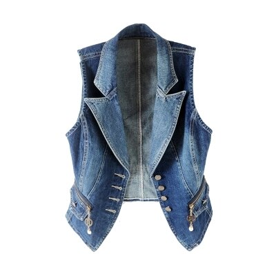 Chalecos vaqueros de talla grande sin mangas para mujer de primavera 4XL, Tops casuales de , chalecos con cuello de traje para mujer, chaquetas cortas de tela vaquera para mujer: M