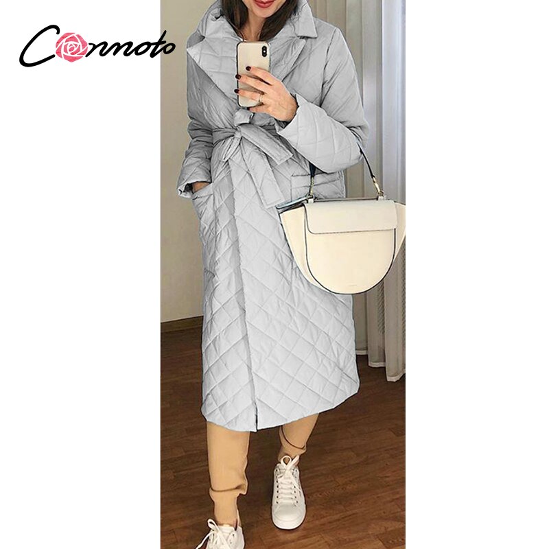 Conmoto Lange Rechte Jas Met Ruit Patroon Casual Sjerpen Vrouwen Winter Parka Diepe Zakken Maat Kraag Stijlvolle Bovenkleding: Grijs / M