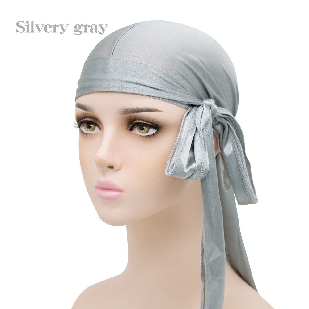 UK STOCK Unisex Men Womens Bandana Doo Durag Headwear Long Tail Soft Silk Pirate Cap Wrap outdoor cycling Durag beanie Adult Hat: Silver