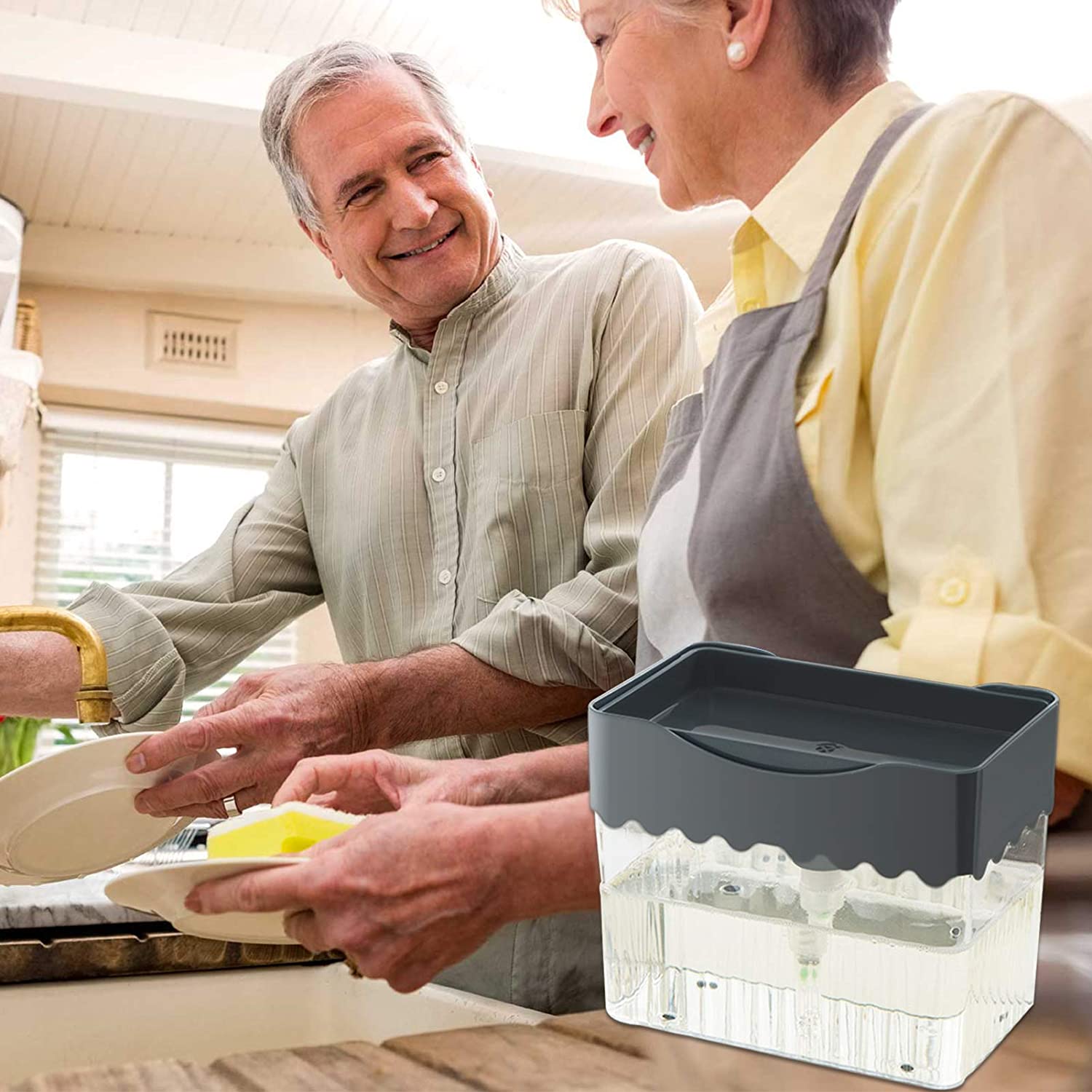 Soap Pump Dispenser 2 In1 Hand Push ABS Washing Liquid Storage Box with Sponge Holder for Kitchen Sink