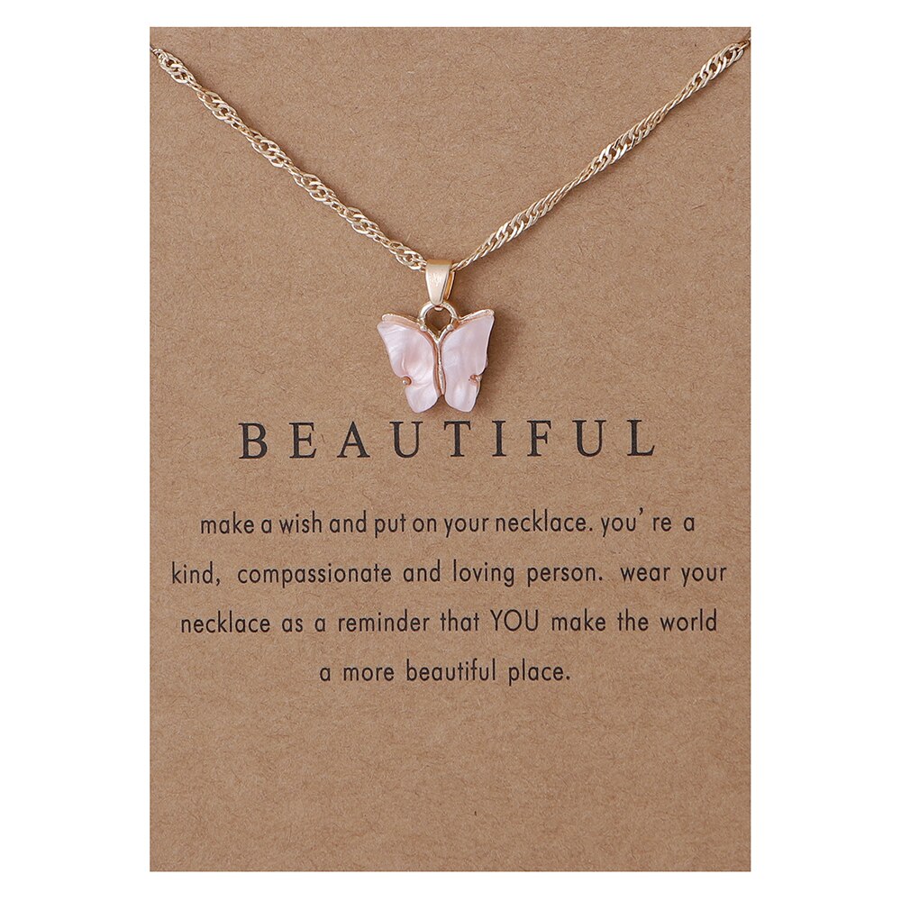 Cute Butterfly Pendant Necklace for Women Jewelry: gold card pink