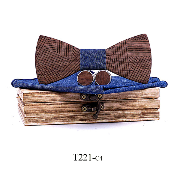 Conjunto de pajarita de madera a cuadros para hombre, conjunto de pajarita de madera a rayas, pañuelo y gemelos con caja de madera para hombre, de boda: T221-C4