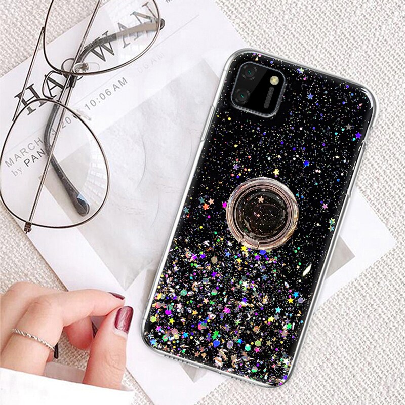 Auroras For Realme C11 Case Glitter Bling Sequins Starry Sky With Ring Shockproof For Realme C11 Cover: Black With Ring