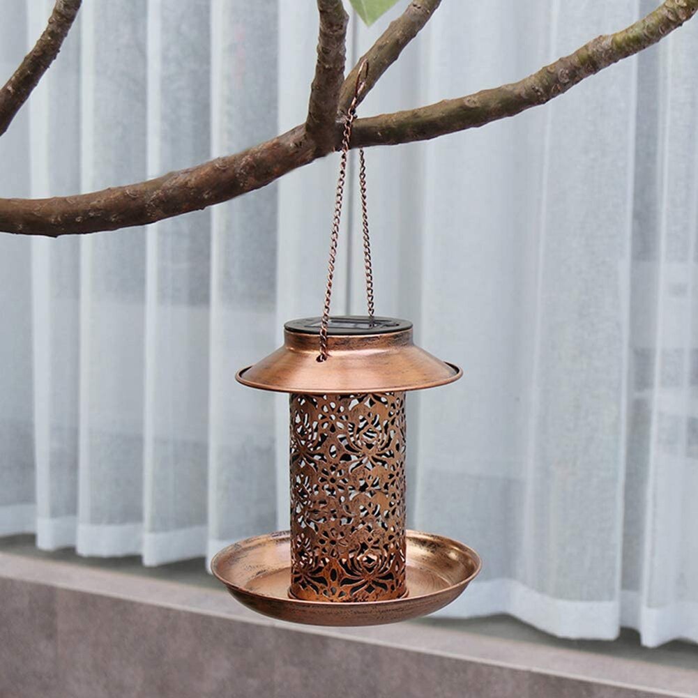 Metal Bird Feeder Outdoor Hanging Bird Food Holder Solar Lawn Lamp Garden Decor Multifunction Practical LED Night Light