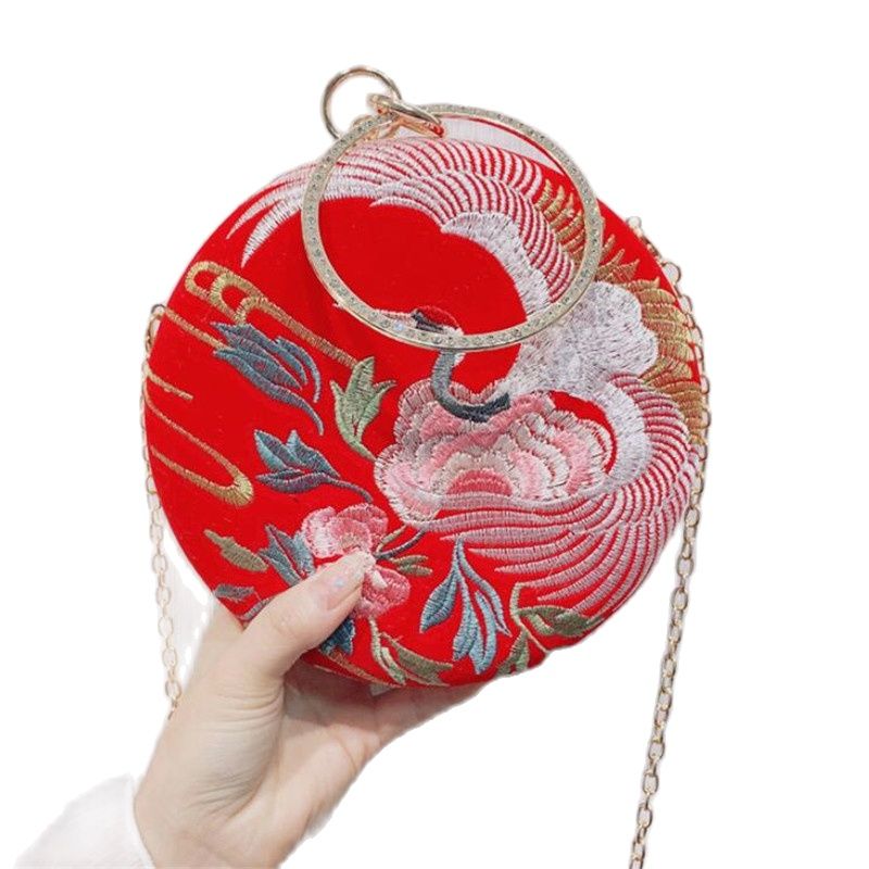 2022 Vrouwen Borduren Ronde Vormige Bruiloft Zakken Chinese Stijl Kraan Party Diner Clutch Diamond Handel Portefeuilles MN1579