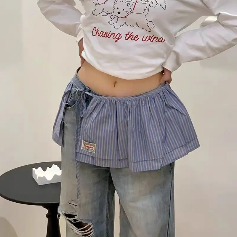 Koreansk retro fjärilshalkkjol med skärp i ett stycke, överlappande, gardin, ren färg, utan dekoration, puffig kjol: Blå
