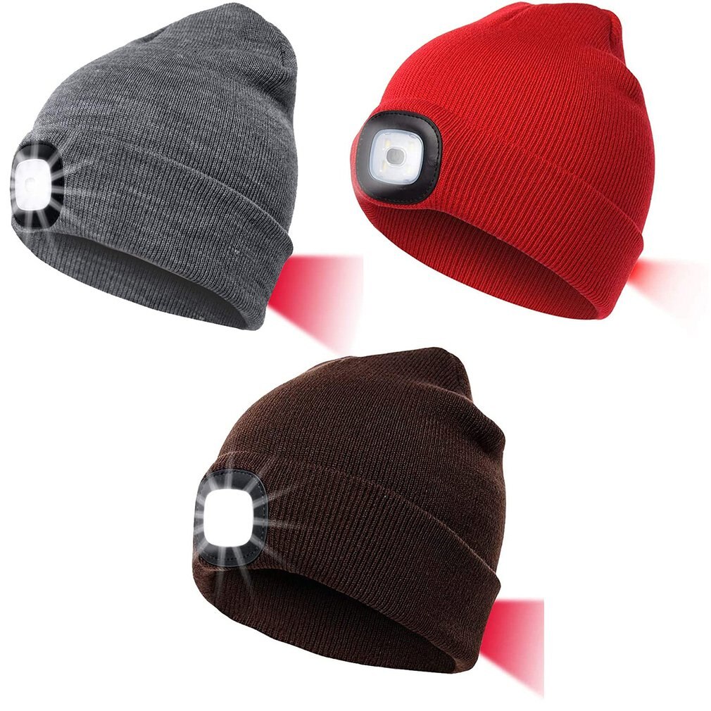 Unisex Outdoor LED Hat With Light USB Rechargeable Winter Knit Lighted Headlight Hats Headlamp Cap