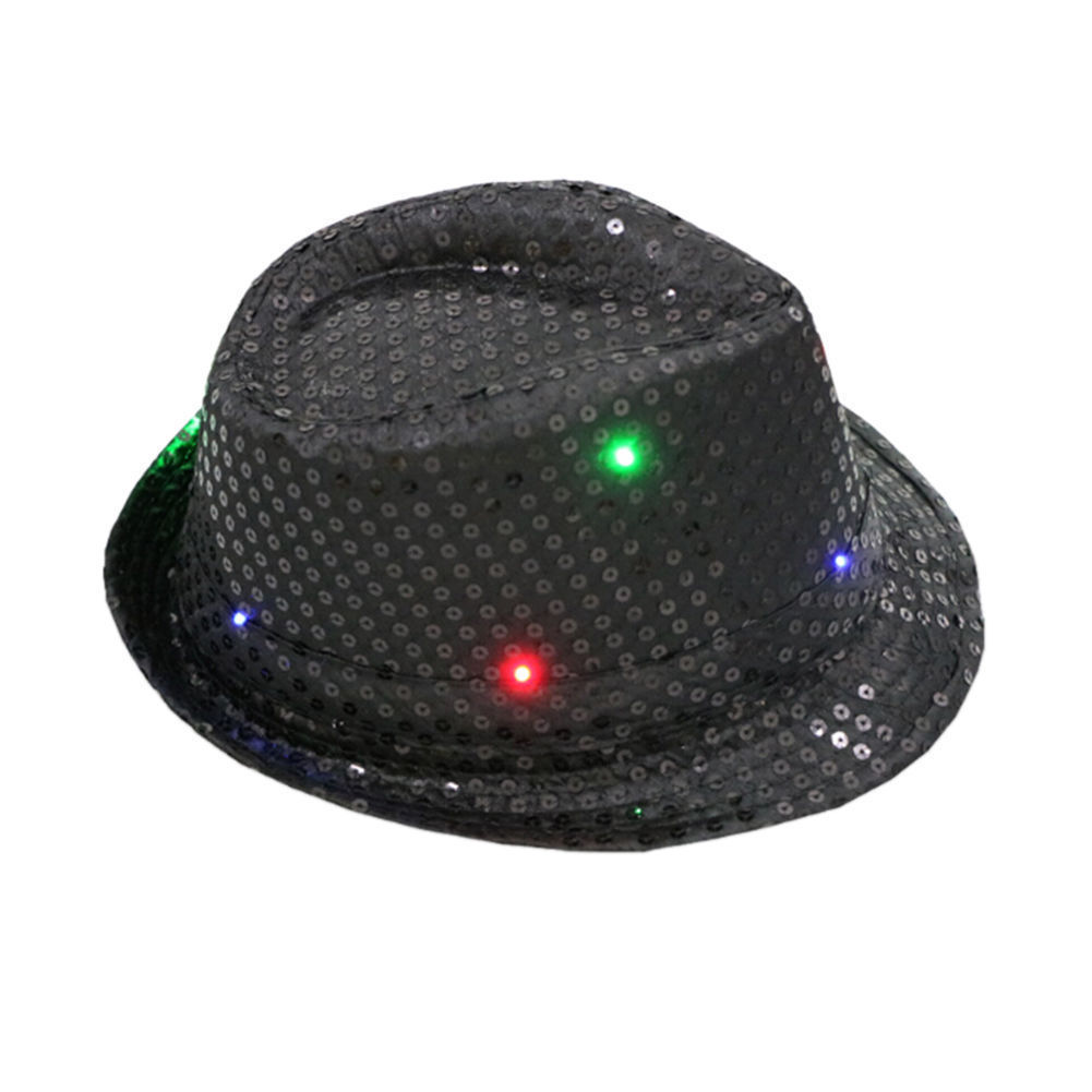 Men Women Glitter Sequin Flashing Light Up LED Fedora Trilby Cap Dance Jazz Hat Gangster Party Costume: black