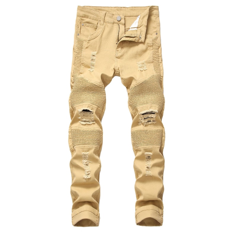 Europa amerika stil män skinny jeans kaki slitna hål grader personlighet veck smal trend motorcykel cykel jeans jeansbyxor: 28