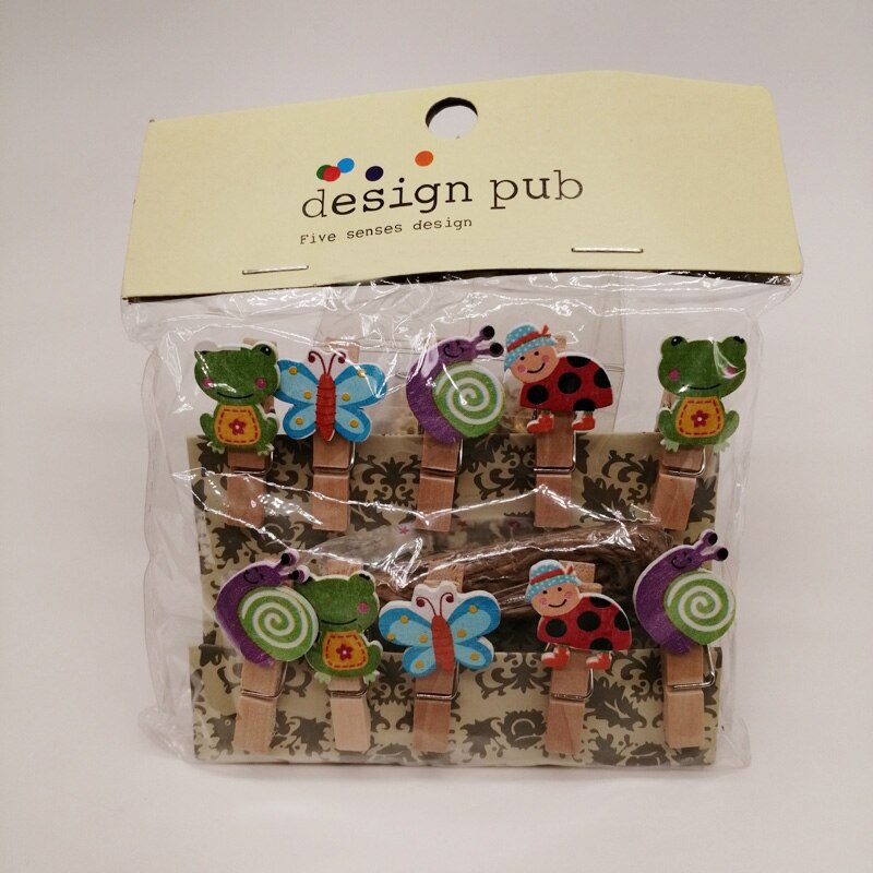 10pcs/bags Clothes Clip Wooden Clips 35mm Decoration Craft Natural Pegs Mini Clothespin Wooden Clip for Clothes Hair Accessories: Snail frog butterfly