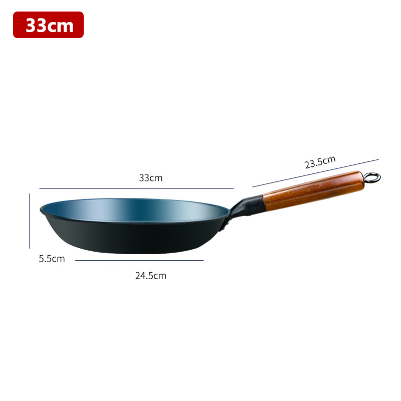 Flat stekepanne kinesisk tradisjonell jernpanne med trehåndtak ikke-belagt wok non-stick kokepanne for gass og induksjon: Burgunder