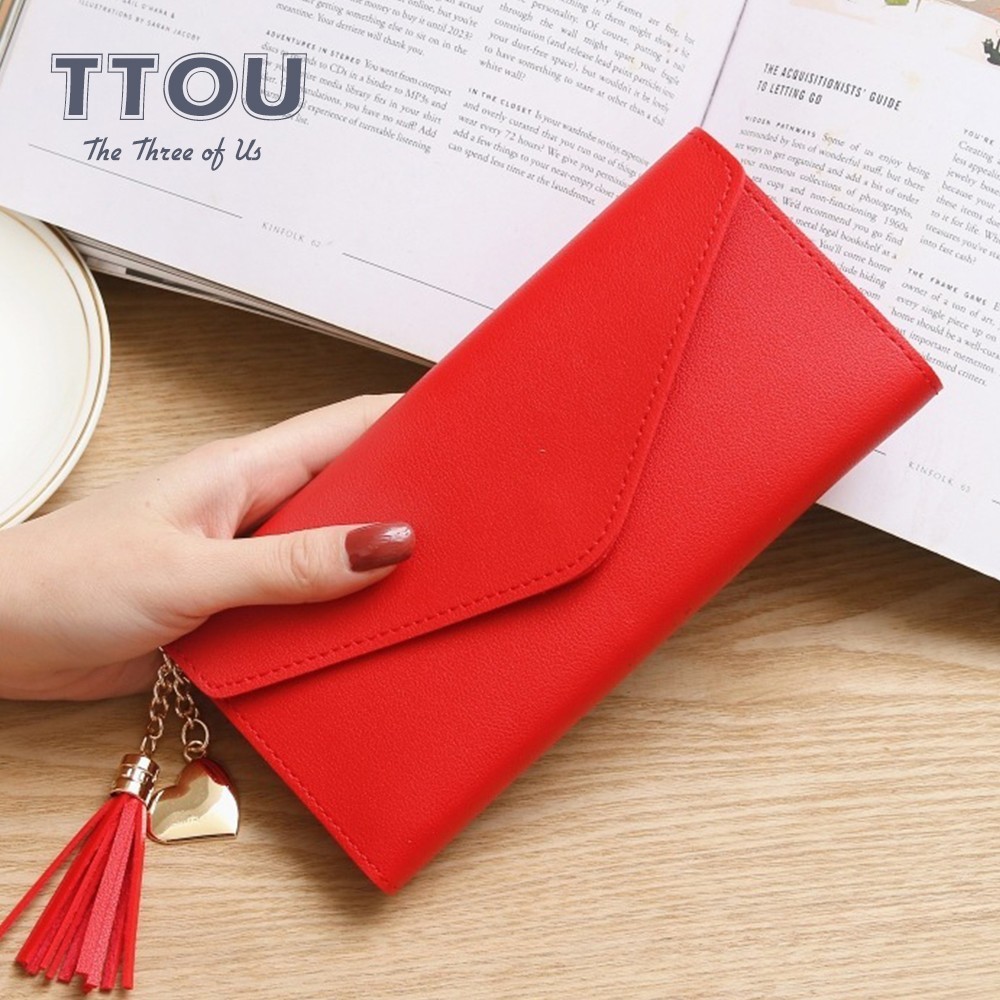 TTOU Women Long Wallet With Tassel Leather Cluths Multi-Function Ladies' Card Holder Female Coin Solid Purse