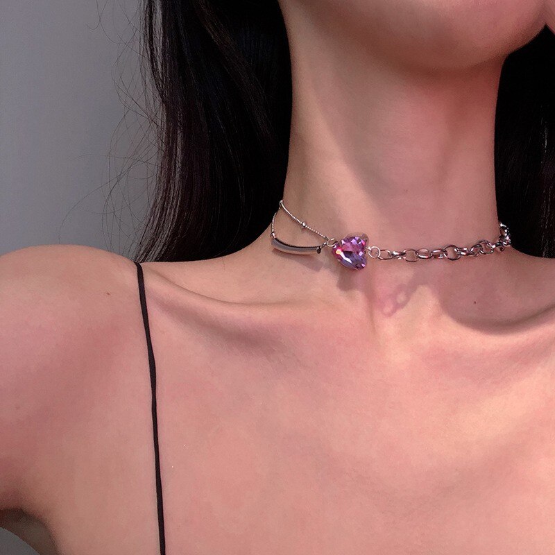 Chique liefdes-strass hart choker ketting voor vrouwen zilverkleurige sleutelbeen schakelketting choker sieraden bedel ketting