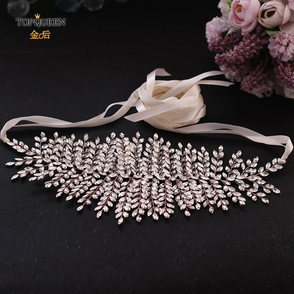 TOPQUEEN Rose Gold Jeweled Belt Wedding Dress Belt Rhinestone Belts for Women Formal Belt for Women Dresses Bridal Sash SH238-RG