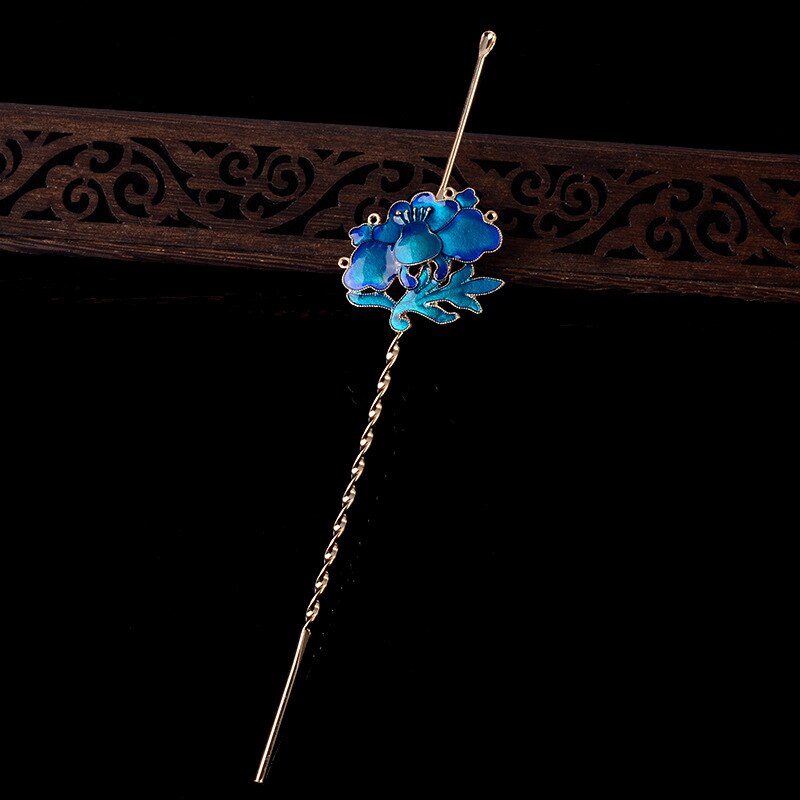Antiikin orkidea kukka hiuspuikko cloisonne emali luksuskoru sininen hiusneula kiinalainen vintage käsintehdyt hiusneulat: 4