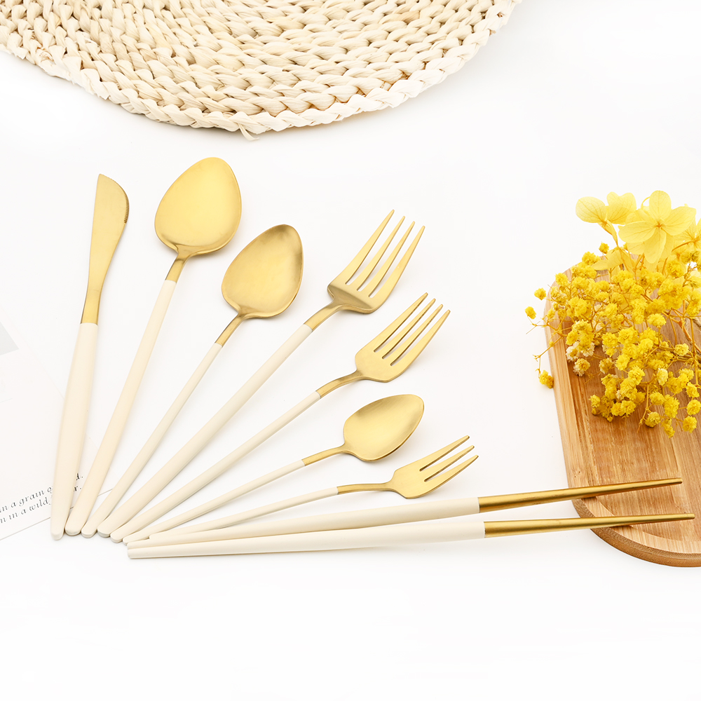 1Pcs Bestek Set 304 Rvs Kleurrijke Servies Set Lepel Mes Servies Set Zilverwerk Beige Goud Keuken Accessoires