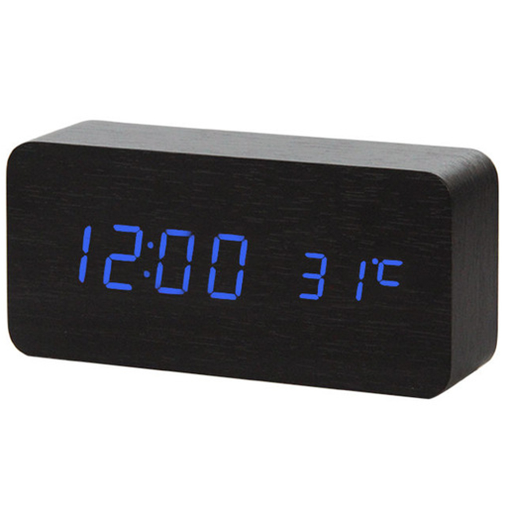 reloj despertador LED con Control de voz, termómetro Digital, retroiluminación de madera, reloj Retro brillante, mesa, Despertadores luminosos: Blue Number Black