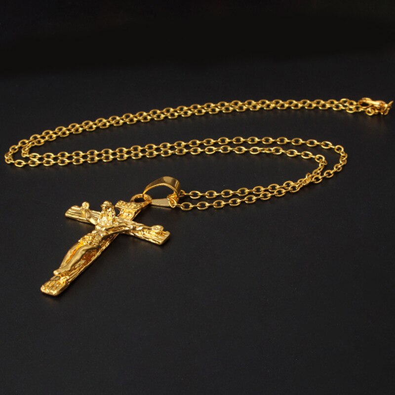 Men Chain Christian Jewelry Vintage Cross INRI Crucifix Jesus Piece Pendant & Necklace Gold Color Stainless Steel