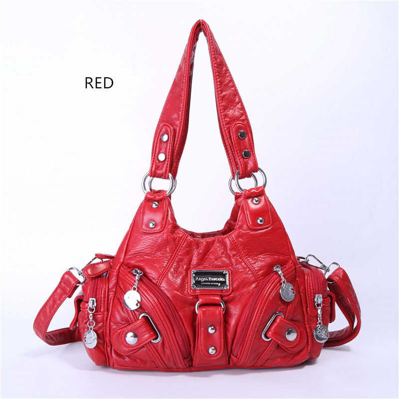 Women Vintage Purse Small Female Shoulder Bag Cute Tote Wash Faux Leather Handbag with Long Strap: red