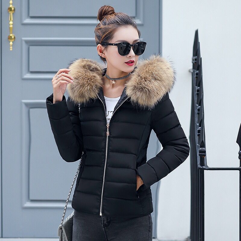 Abrigos de invierno de para mujer, chaquetas de algodón nuevas de plumas, abrigos de algodón de talla grande y ajustados con cuello de pelo corto para mujer: Black / M