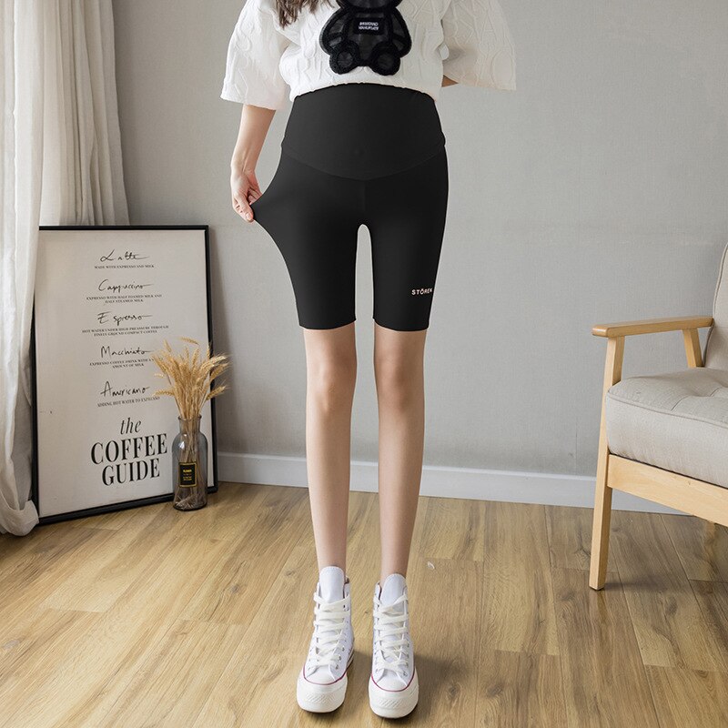 Mallas de maternidad delgadas de algodón para mujeres embarazadas, pantalones cortos deportivos informales para Yoga, vientre, Verano: Negro / XXL