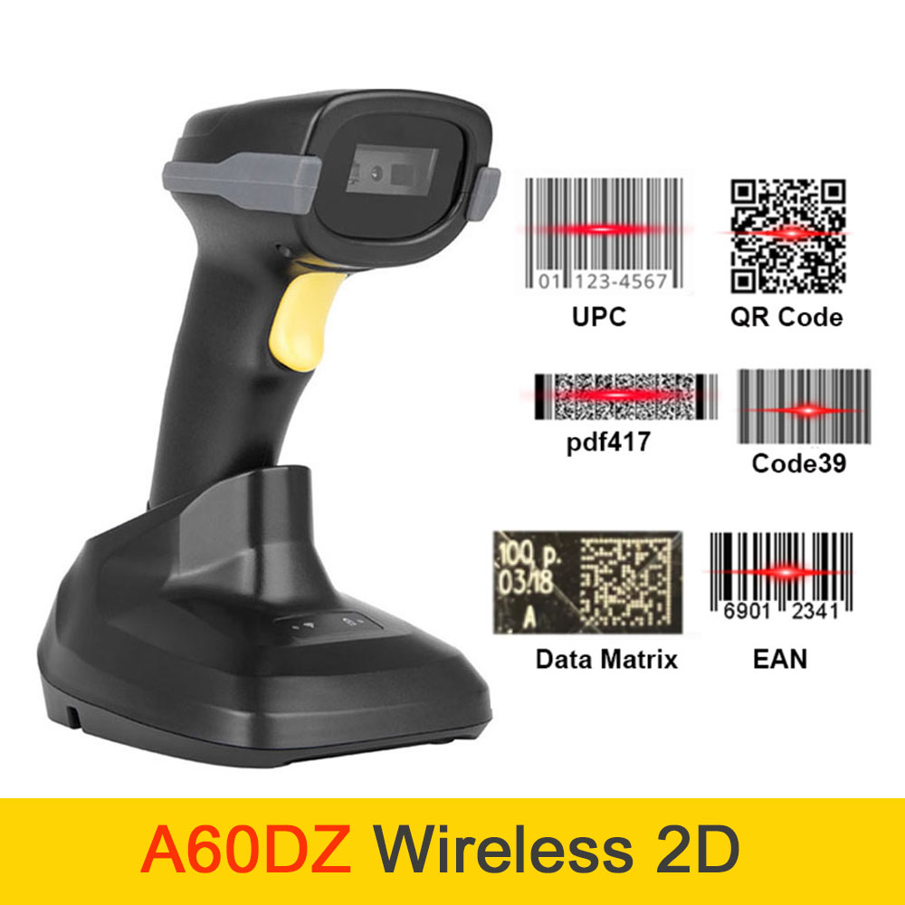 Holyhah Draadloze Bluetooth Barcode Scanner Qr Code 2d Barcode Reader Handheld Barcode Reader Bar Code Scanner Met Base: A60DZ Bluetooth 2D