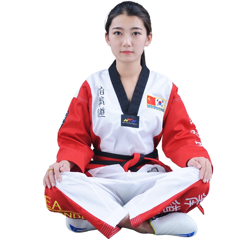 Top Grade colourful Taekwondo uniform Red Black WTF tae kwon do clothes Red karate dobok Chromatic TKD V-neck suit for kids