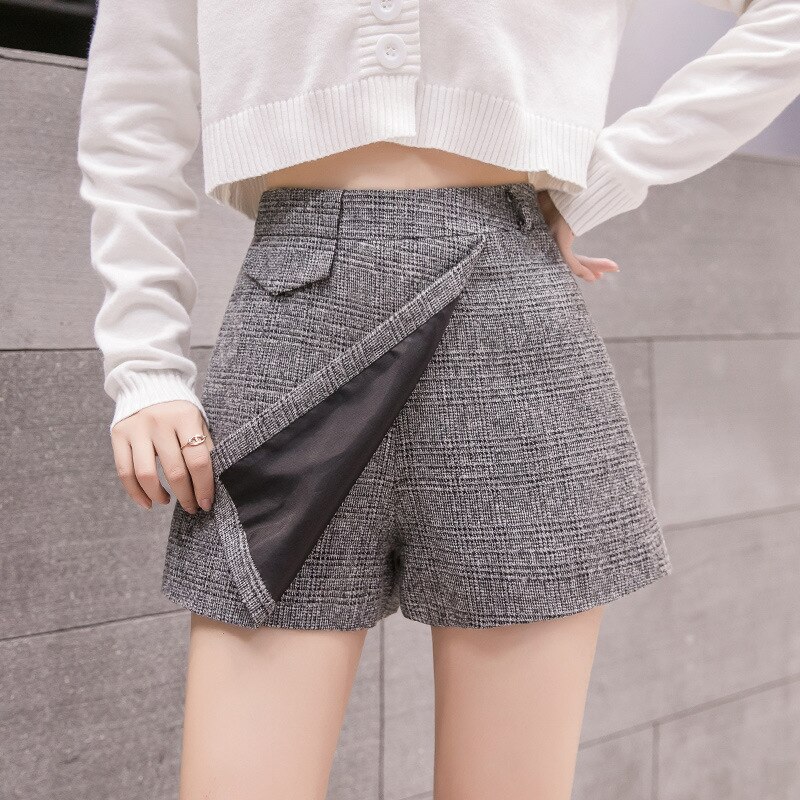 Onregelmatige Wollen Plaid Shorts Rokken Voor Vrouwen Atumn Winter Office Korte Vrouwen Plus Size Booty Shorts Feminino