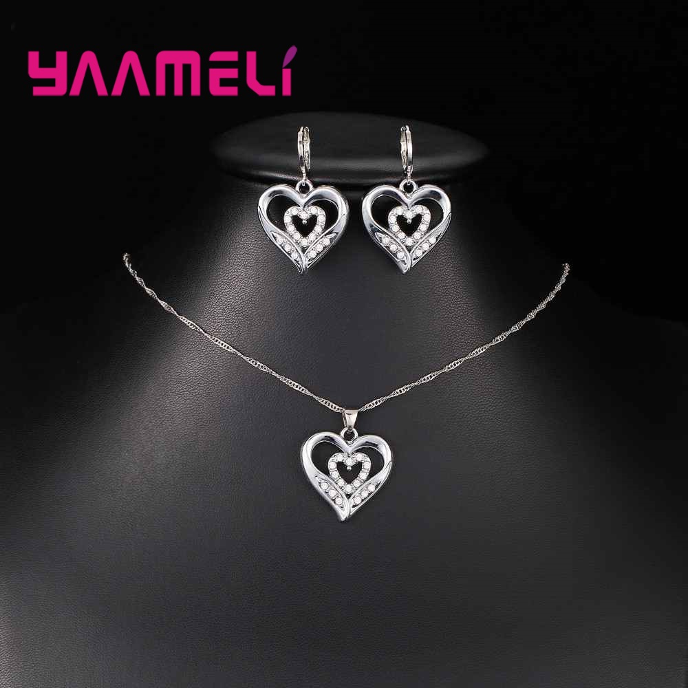 Romantische Stil Doppel Liebe bilden Valentinstag Hochzeit Souvenir 925 Sterling Silber Für Frauen Halskette Ohrringe einstellen