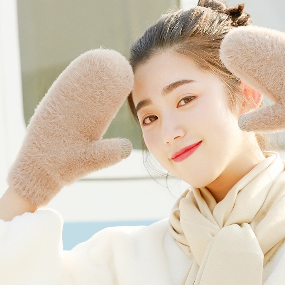 Guantes de punto para mujer, manoplas de felpa con pantalla táctil a prueba de viento, de terciopelo grueso y cálido, de Color puro, para invierno y Navidad