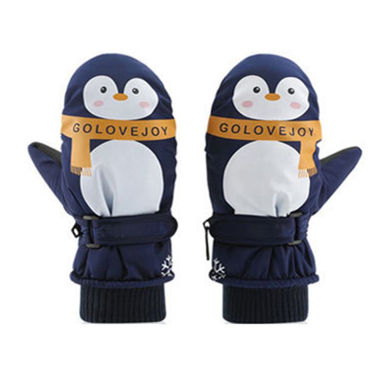 Crianças menino menina dos desenhos animados pinguim luvas à prova ddouble água dupla camada com nervuras manguito ajustável antiderrapante inverno esqui luvas à prova de vento 7-12 t: Azul