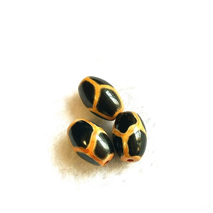 Agate Beads Black Earthen Gold Line DZI 8*12mm Double Tiger Teeth 2 Eyes Lotus 3pcs/Lot Men&Women Jewelry DIY: 2 Tortoiseshell