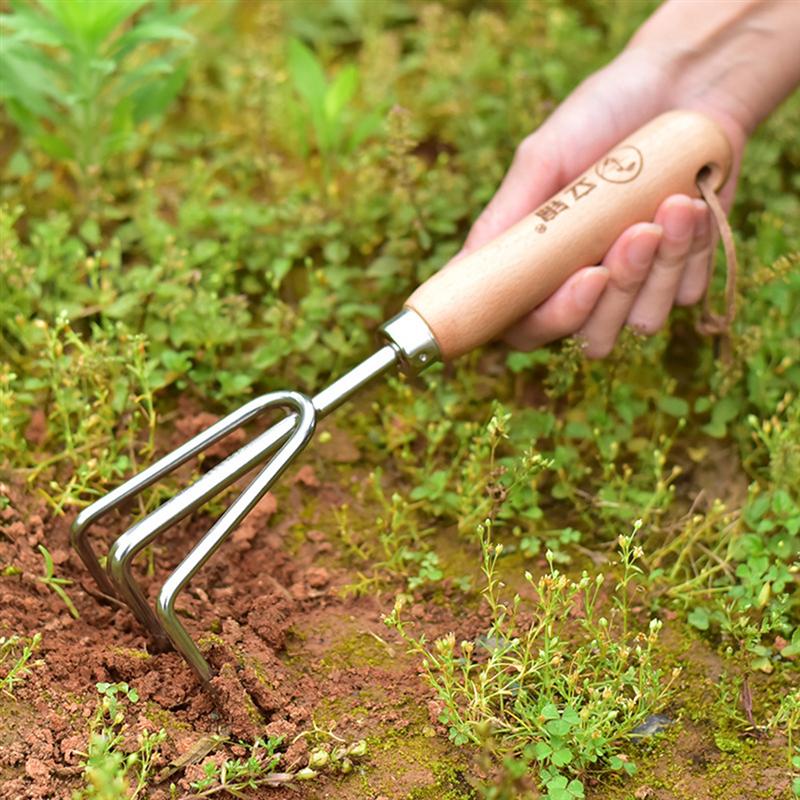 1Pc Rvs Tuin Hark Cultivator Tuin Tool Houten Handvat Kleine Mini Hark (Willekeurige Teken)