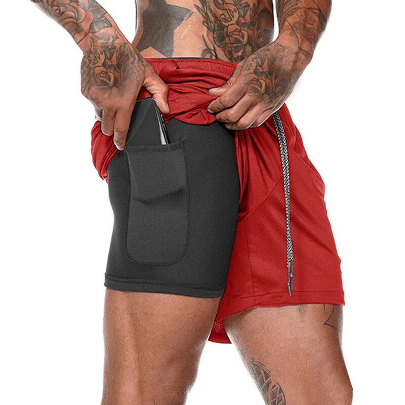 Mannen Dubbele Laag Mesh Fitness Shorts Gym Running Zachte Sneldrogende Shorts Sneldrogende Broek Fietsbroek: Red / XXL