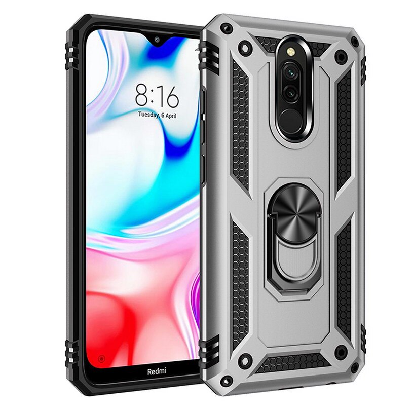 Armadura de lujo, funda A prueba de golpes para Xiaomi Redmi 8, funda híbrida de silicona para xiaomi redmi 8A redmi8, funda con anillo de Metal: For Redmi 8 / Silver