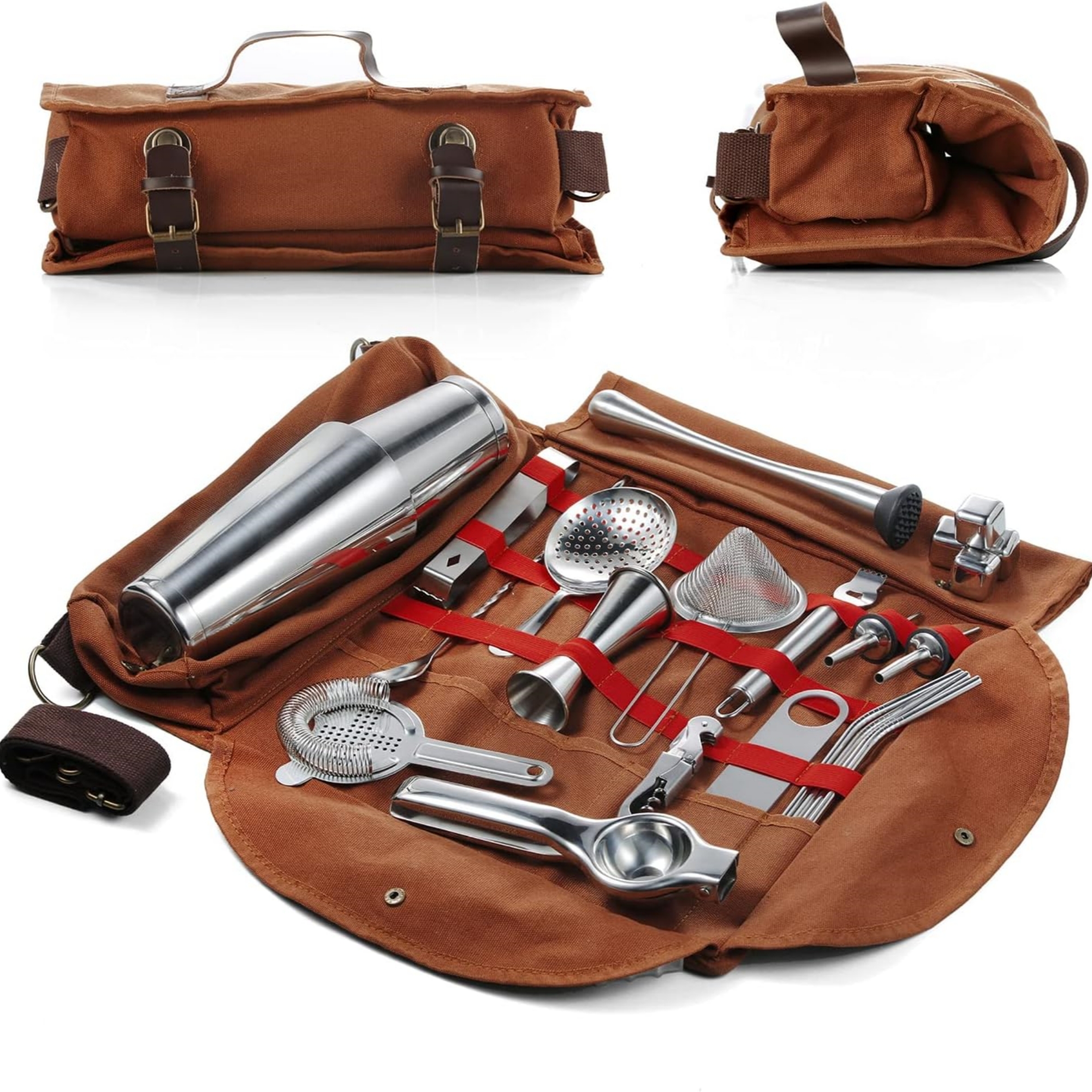 Kit de barman de viaje, bolsa, kit de herramientas para exteriores, práctico kit de herramientas para barman, bolso de lona de piel de vaca, antideslizante y resistente al desgaste