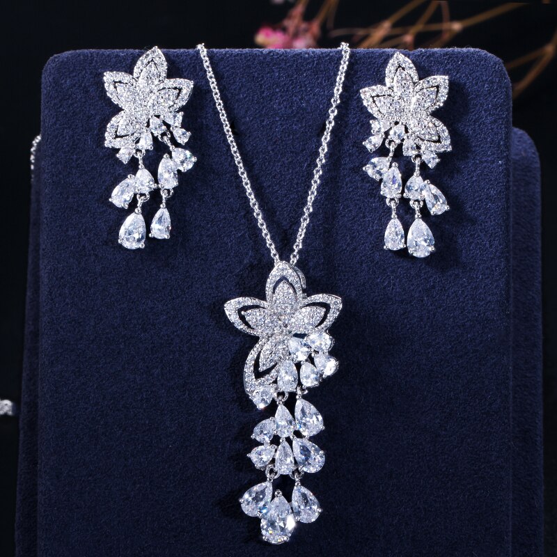 CWWZircons Cubic Zirconia Tassel Flower Earrings and Pendant Necklace Ladies Jewelry Sets T334