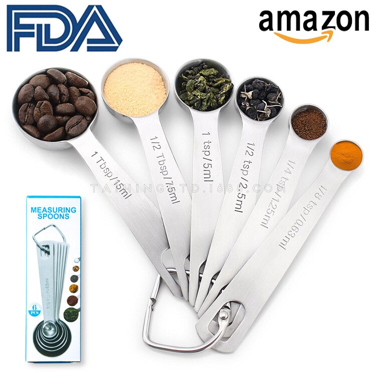 Baking tools All stainless steel kitchen seasoning Small key baking six pieces set spoon set round Head measuring cup: Default Title