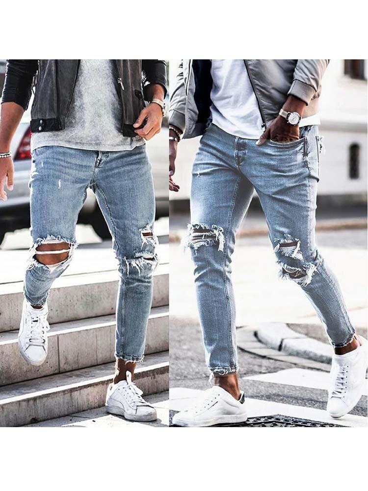 Men Jeans Streetwear Knee Ripped Skinny Hip Hop Estroyed Hole Pants Solid Color Male Stretch Casual Denim Big Trousers