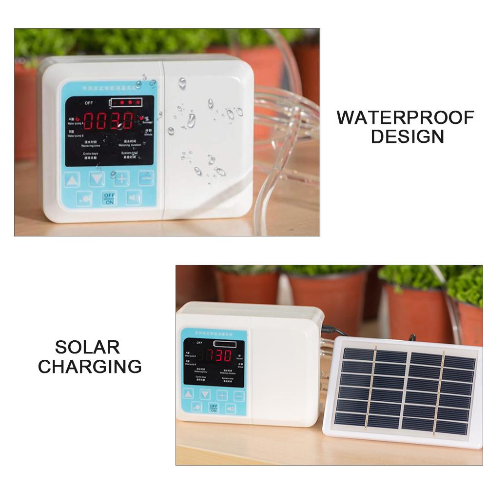 Solcellsanläggning intelligent trädgård automatisk bevattning autoriego energiladdning droppbevattning anordning vattenpump timersystem