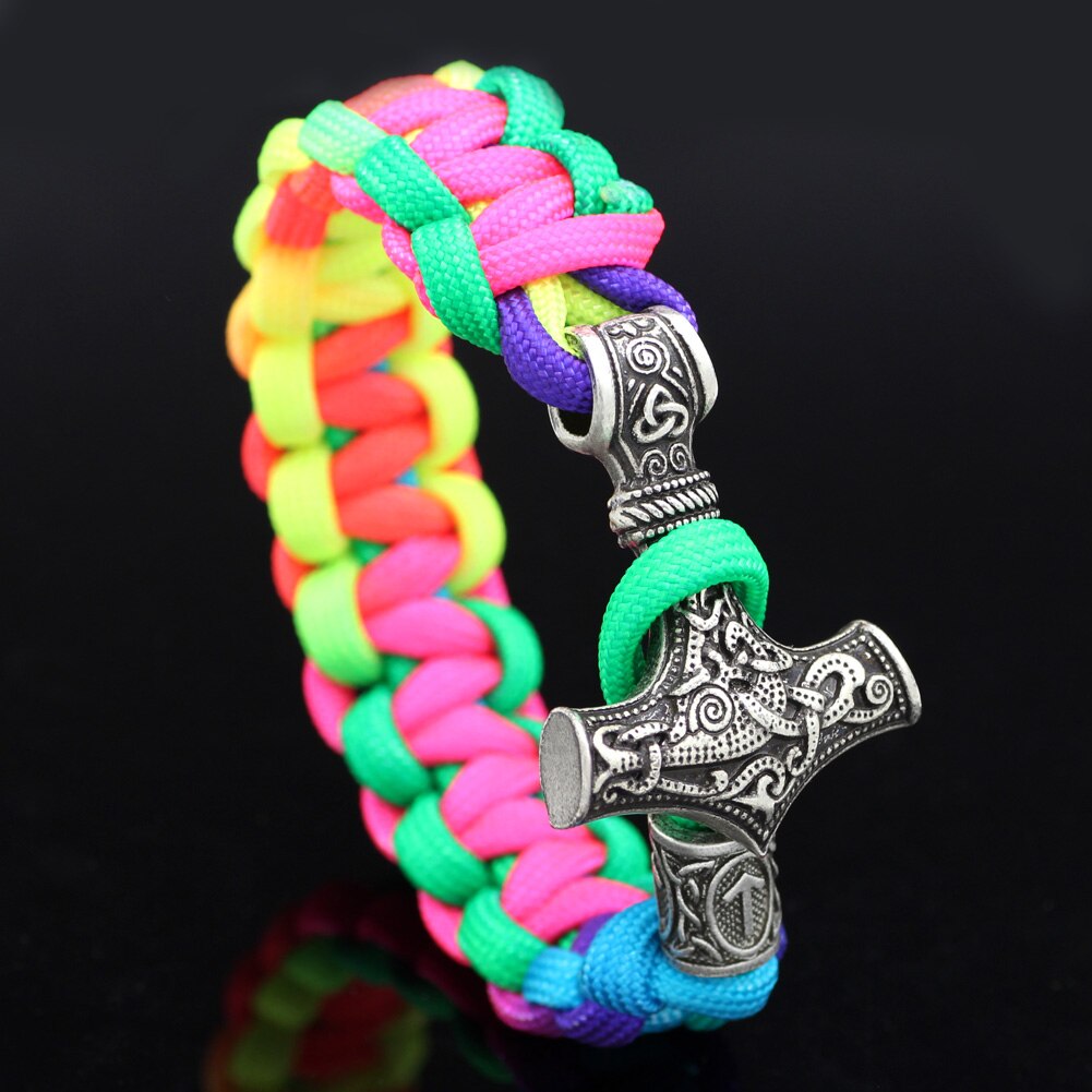 Youe Glänzte Nordischen Viking Thor Mjolnir Hammer Paracord Amuletceltic Rune Knoten Amulett Skandinavischen Licht Regenbogen Armband
