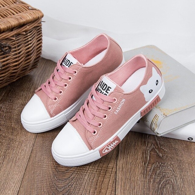 Kvinnor skor kvinnor lägenheter canvas skor platå sneakers kvinnor snörning tecknad katt dam board skor vita kvinnliga skor: Rosa / 40