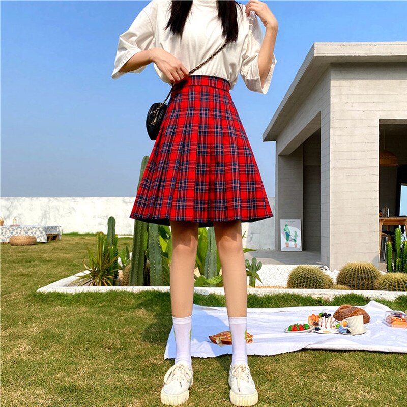 Qiukichon – jupe plissée rouge à carreaux pour femmes, style anglais Preppy, taille haute, élastique, grande taille, printemps été