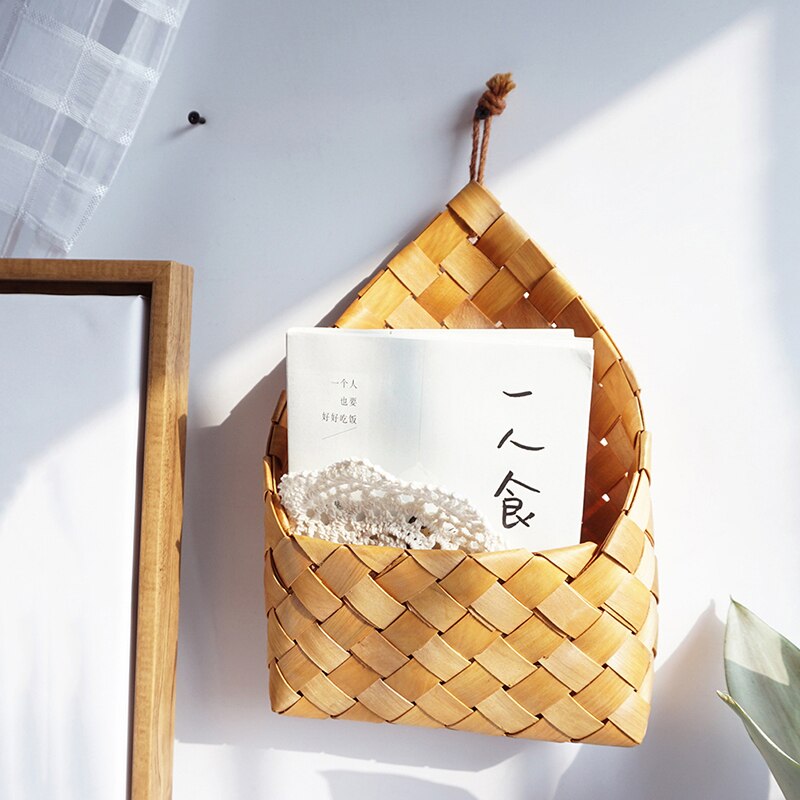 1pc wicker brown wood wall hanging pocket basket flat back door decor country decor