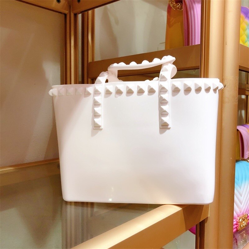 Summer Rivet Jelly Lady Handbag Bucket Tote Bag Shopping Bag Large Capacity PVC Women Handbag: white / S