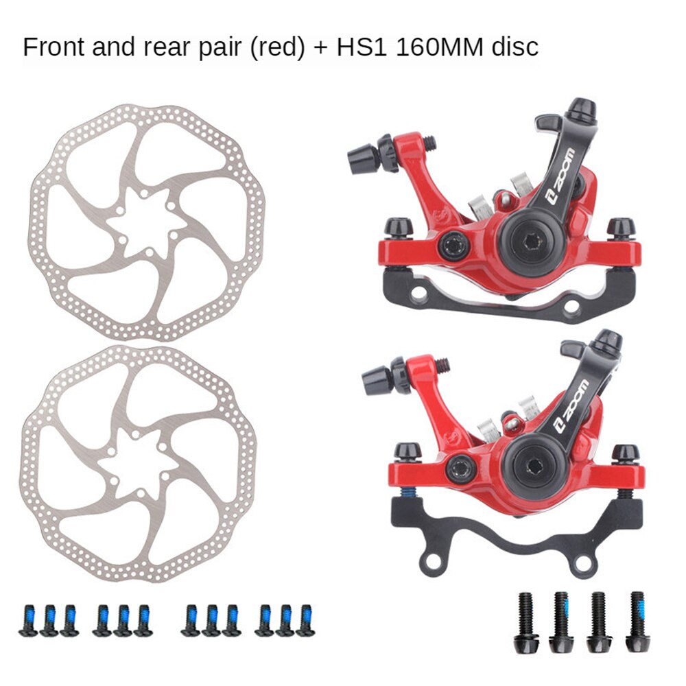 Zoom Fiets Remmen Mtb Fiets Voor Achter Brake Aluminium Mechanische Disc Bidirectionele Remklauw Met Disc F160 R160: a pair red